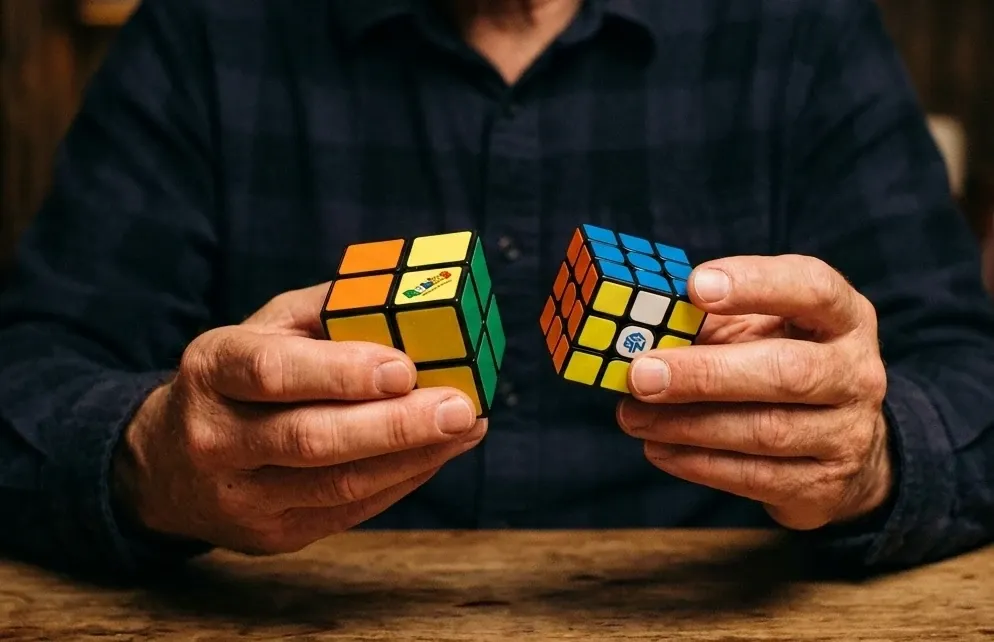 mini 3x3 Rubik's Cube compared with a 2x2 pocket cube