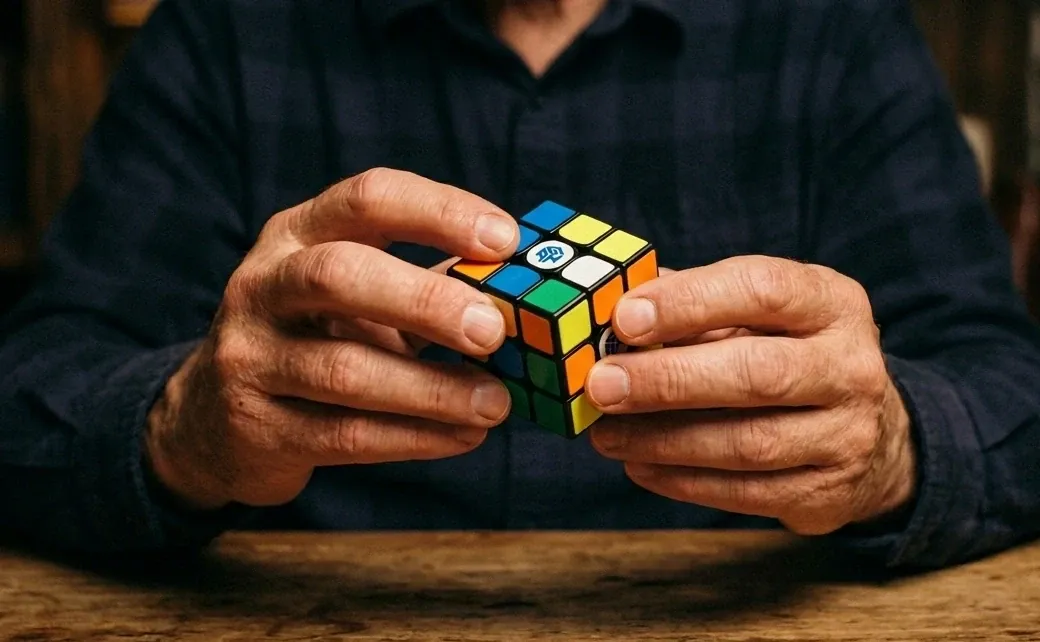 hands solving a small mini Rubik's Cube