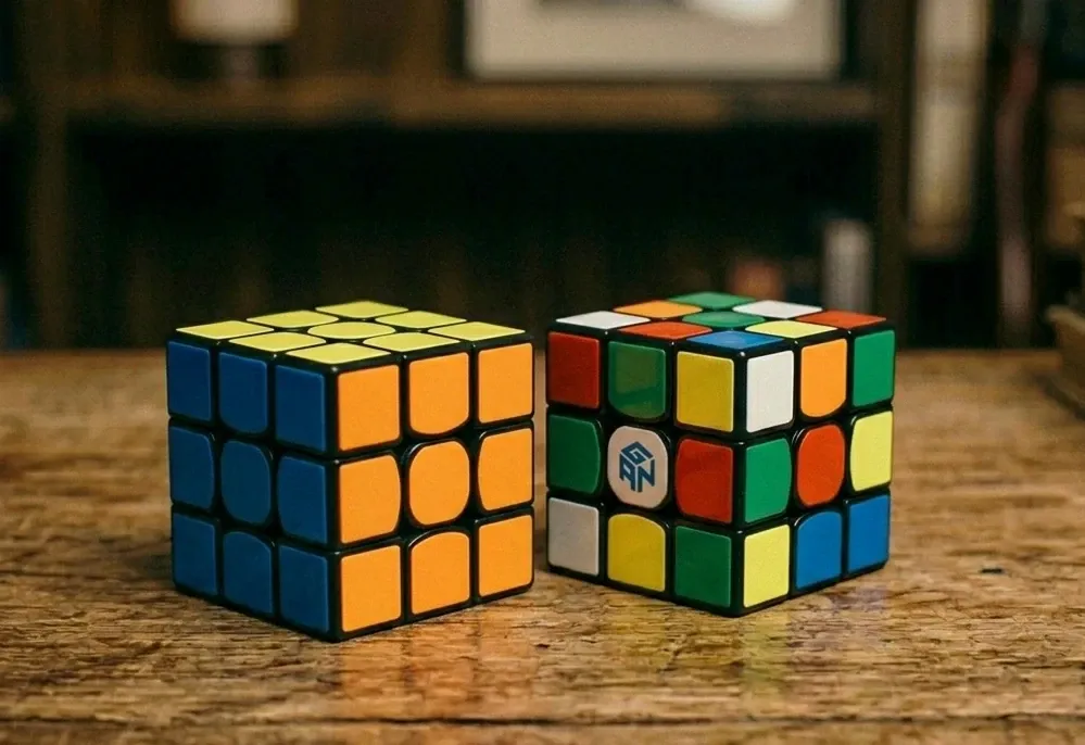 a finished and a scrambled mini 3×3 cube