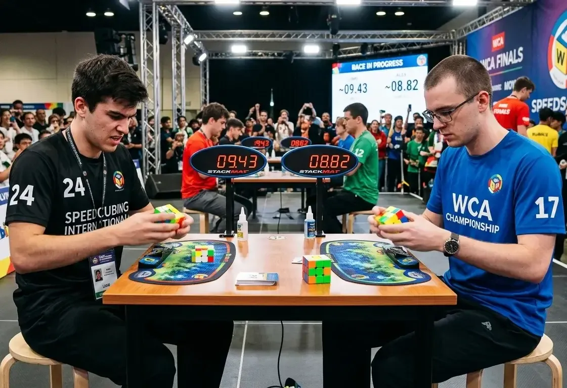 Two speedcubers solving Rubik's Cubes side-by-side during a race