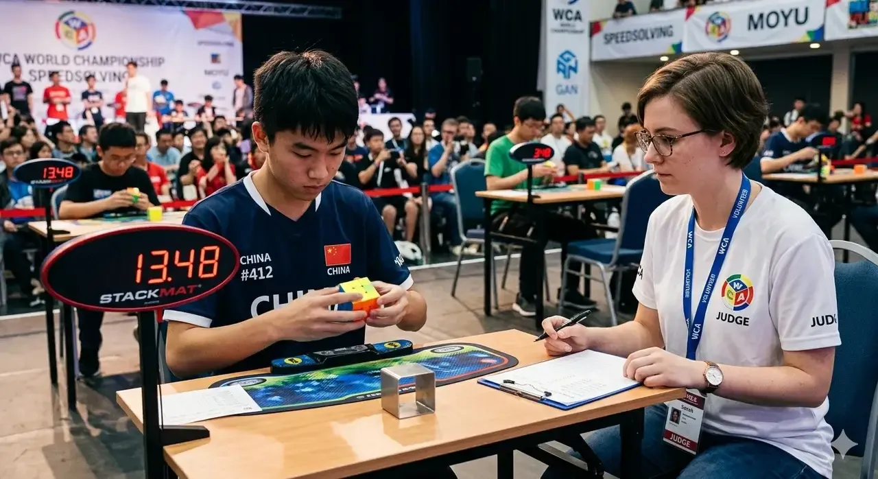 speedcubing competition table with judge and competitor