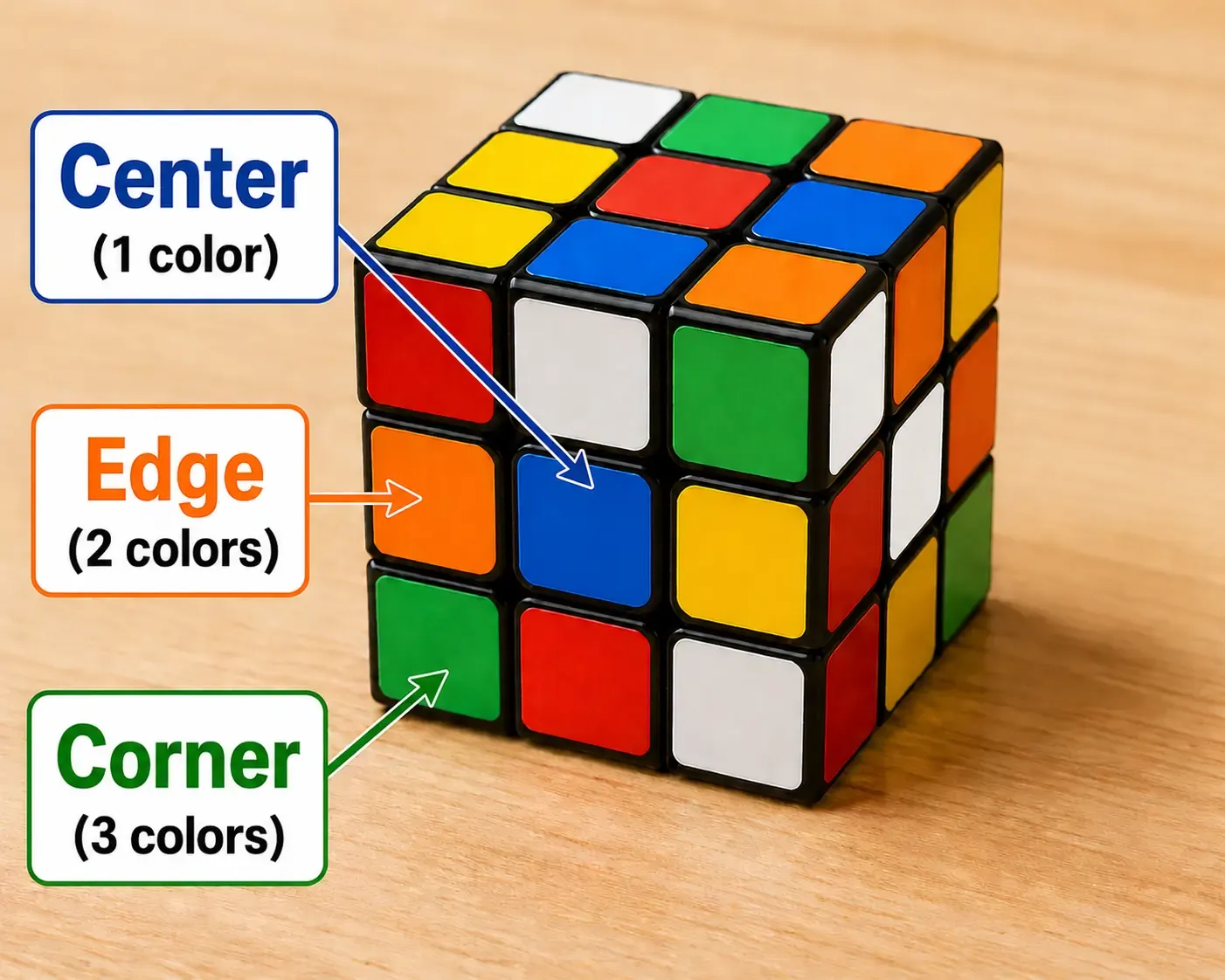 Rubik's Cube pieces labeled showing centers edges and corners