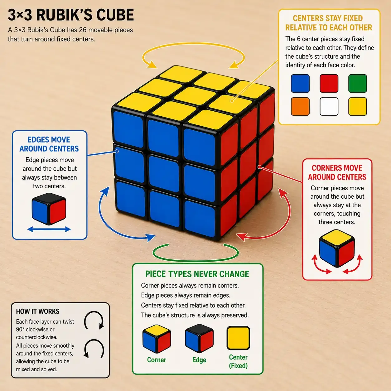 Rubik's Cube center pieces stay fixed while edges and corners move